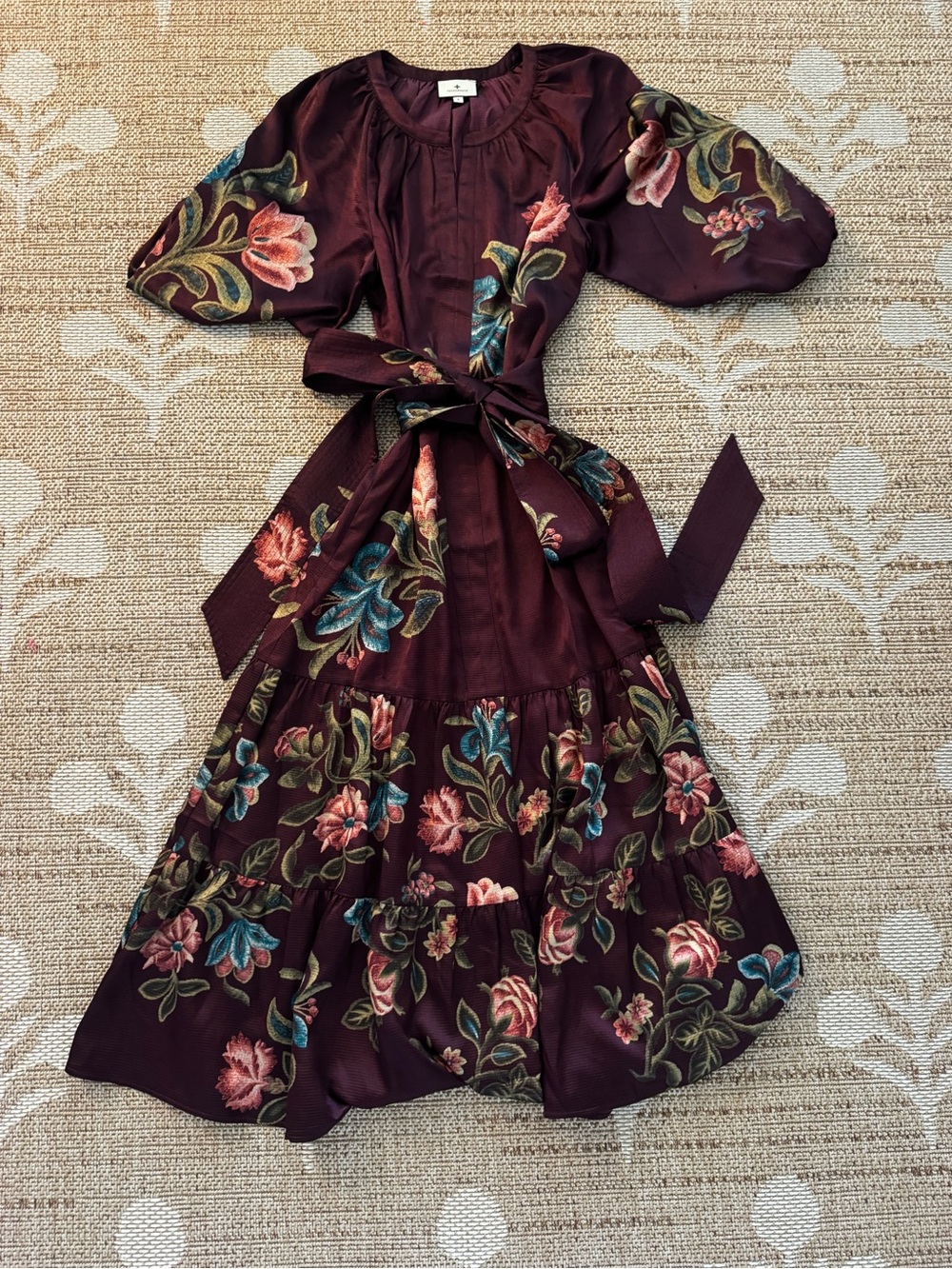 Tuckernuck Burgundy Floral Midi Dress with Tie Waist